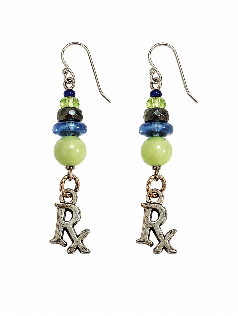HANDMADE Pharmacist Tech RX Jade Lapis Czech Glass Beaded Dangle Earrings